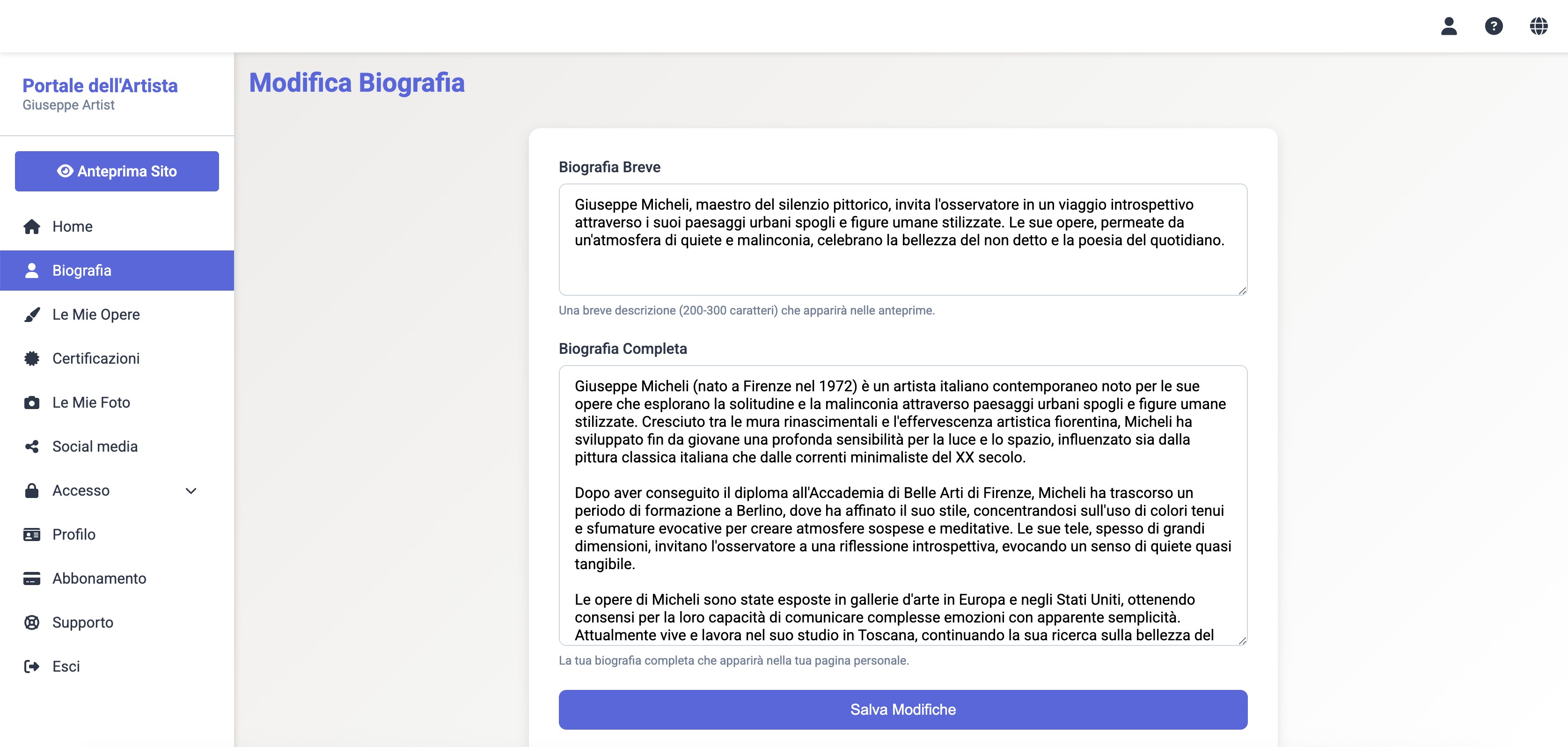 Pannello di controllo - Modifica biografia